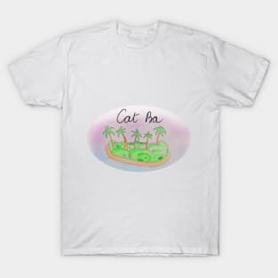 Cat Ba watercolor Island travel, beach, sea and palm trees. Holidays and vacation, summer and relaxation T-Shirt